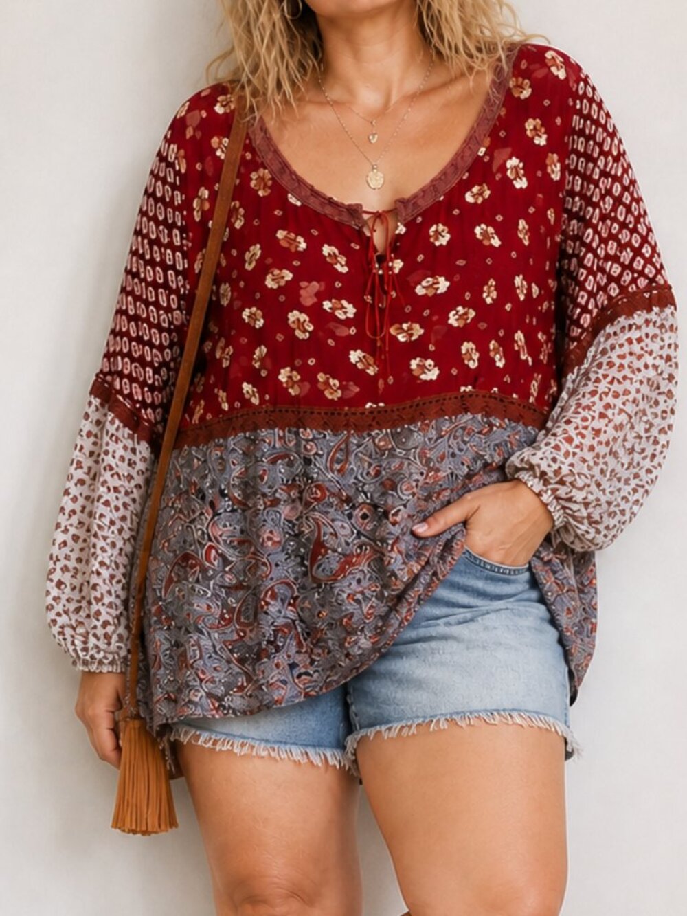 VTG Venezia Boho Peasant Top Size 18/20 Red Floral Paisley Y2K Festival Blouse